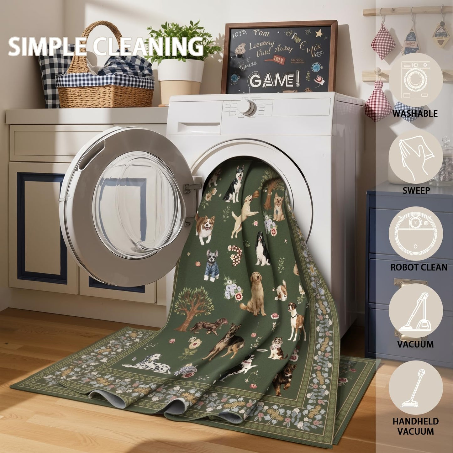 Floral Dog Machine Washable Rug Dark Green, 3x5 Rug Non Slip Soft Bedroom Rugs for Entryway Dorm, Ultra-Thin Rugs for Bedroom Stain Resistan(3 x 5, Dark Green)