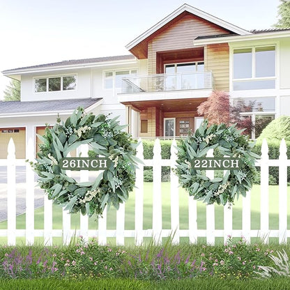 Eucalyptus Wreaths 22" Large Artificial Greenery Outdoor/Indoor Wreath Spring/Summer Wreath Green Wreaths for Front Door Porch Window Wall Hanging Decor All Year Round Wre-ath（Green）