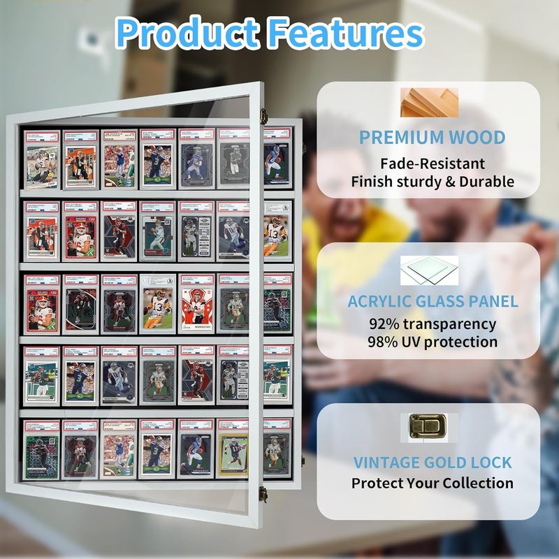 Wooden Sports Card Display Case - Lockable Plexiglass Frame with UV Protection | Holds 35 Graded Football, Baseball & Basketball Cards - White
