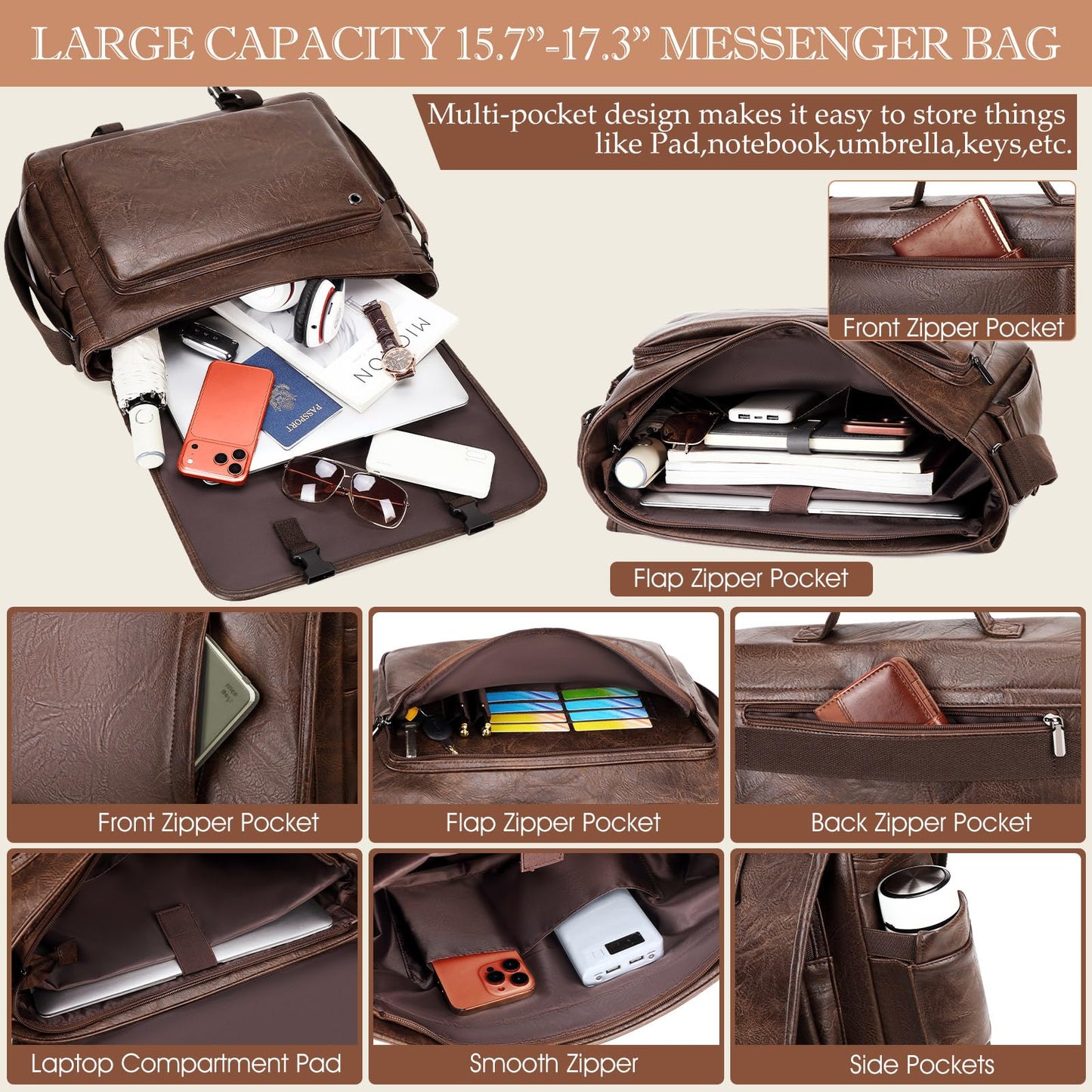 17.3 Inch Messenger Bag for Men: Laptop Bag PU Leather Work Briefcase Large Carry On Computer for Office College Travel,PU Coffee