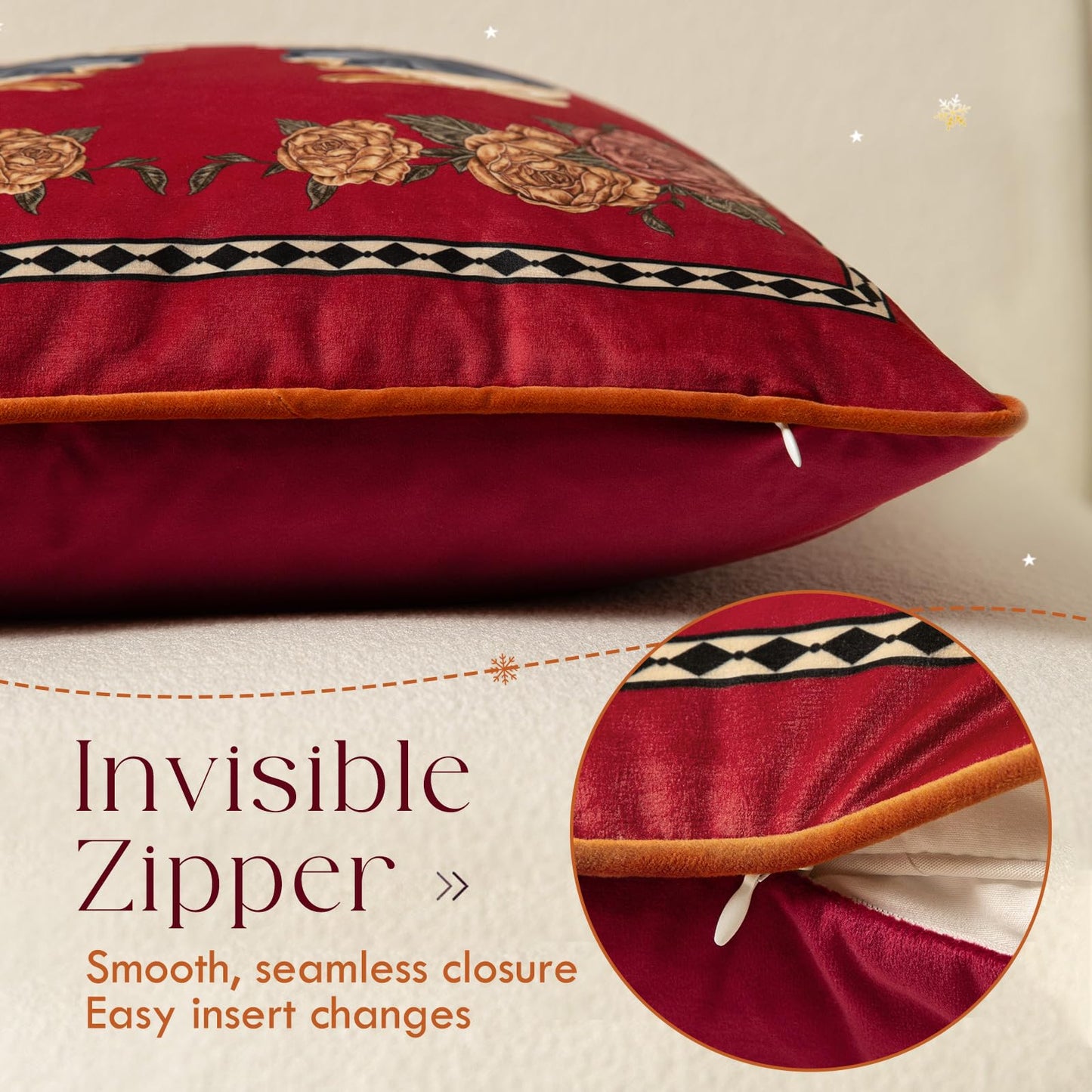 Livebee Bunny Floral Red Pillow Cover Decorations, Velvet Euro Sham Covers Decorative Throw Pillow Covers 18x18 for Couch Sofa Bed Home Decor