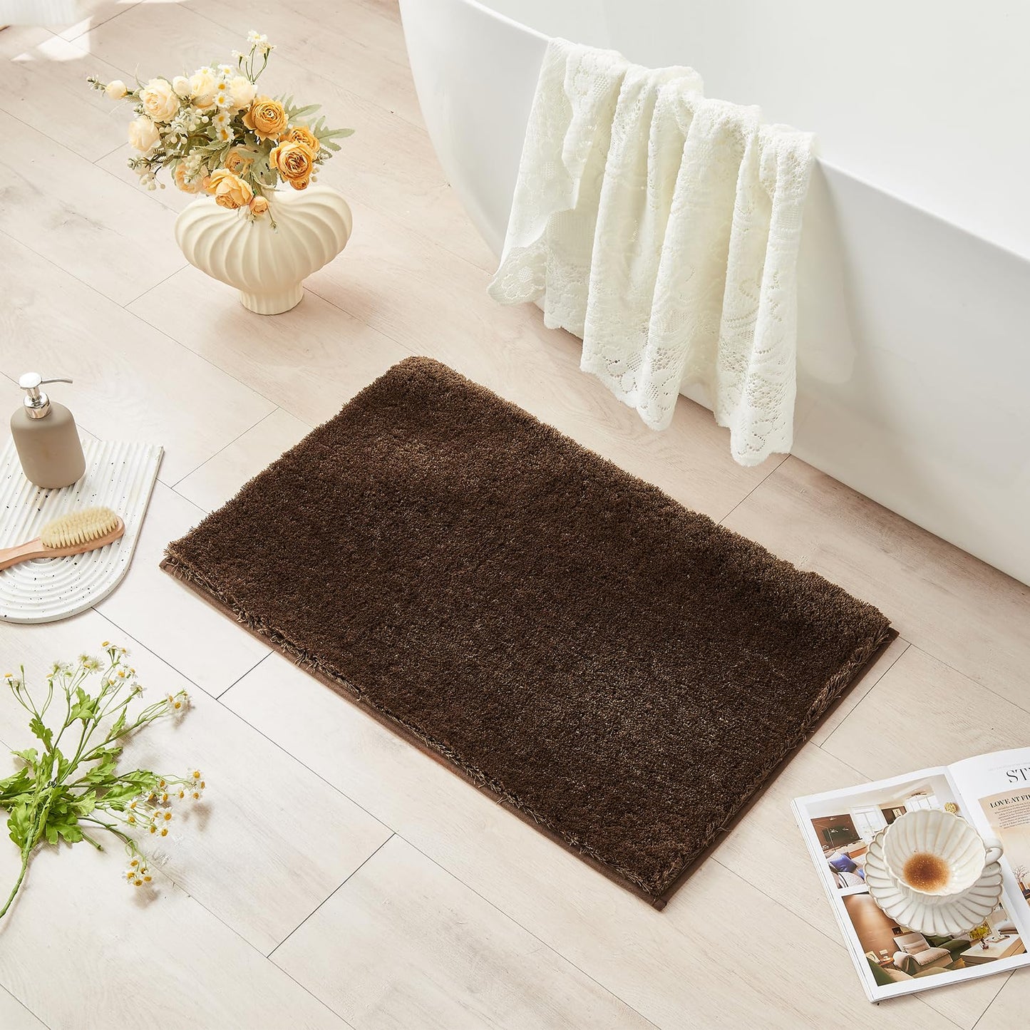 CozeCube Upgraded Shaggy Bath mat for Bathroom Non Slip 20" X 32", Super Soft Quick Dry Bath Rugs, Fluffy Plush Bathroom Rugs Machine Washable, Dark Brown