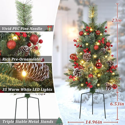Set of 2 Outdoor Pathway Christmas Trees with Lights, 30in Prelit Battery Operated Artificial Xmas Tree Holiday Décor for Porch, Urn & Planter Filler, Red Berries, Pine Cones, Ball Ornaments