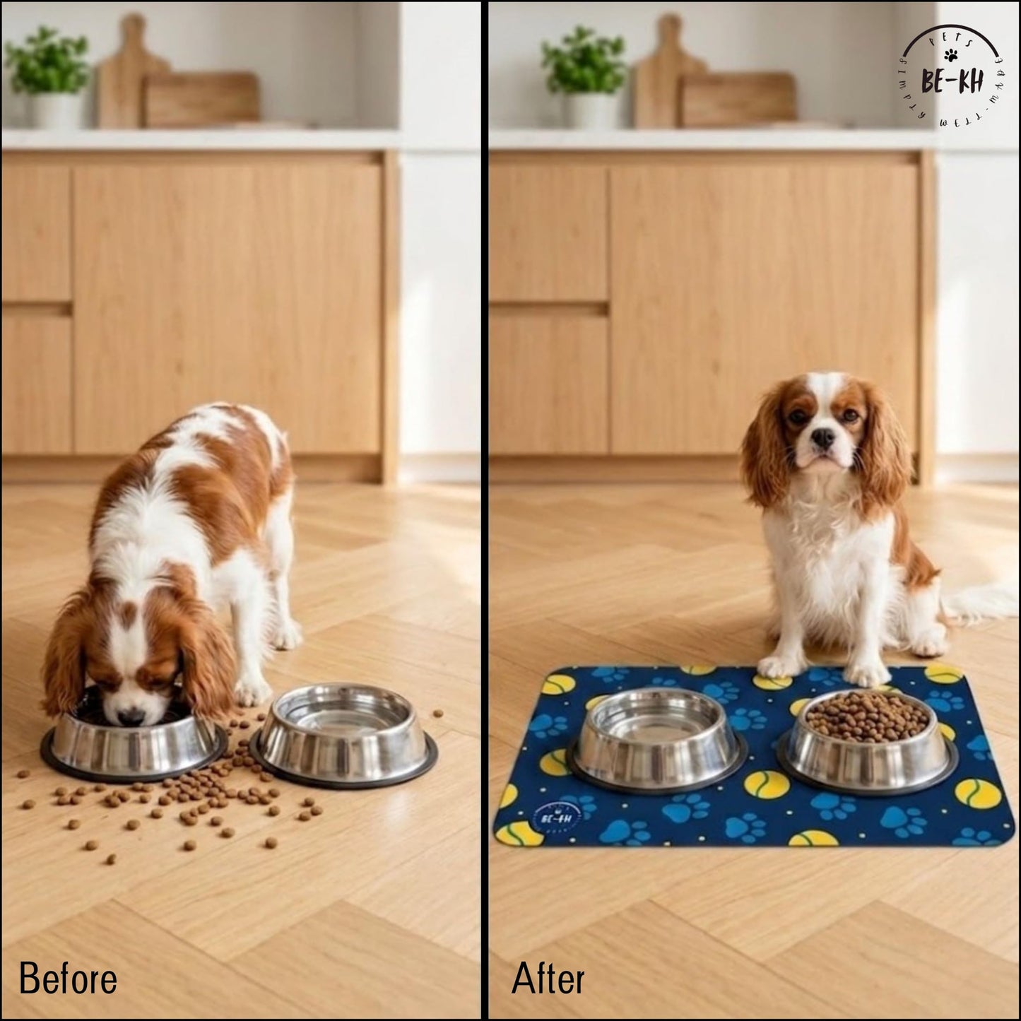 BE-KH Absorbent Pet Feeding Mat for Dogs & Cats, Quick Dry Dog Bowl Mat for Food and Water, Ultra-Thin, Non-Slip Rubber & Polyester, Waterproof & Machine Washable, Classic Paws, 24x16 in (60x40 cm)