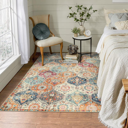 Lahome Moroccan Trellis Washable Small Area Rug, 3x5 Area Rug for Bedroom Living Room, Non-Slip Oriental Accent Throw Carpet for Kitchen Office Entryway Bathroom Office Elise, Cream/Multi