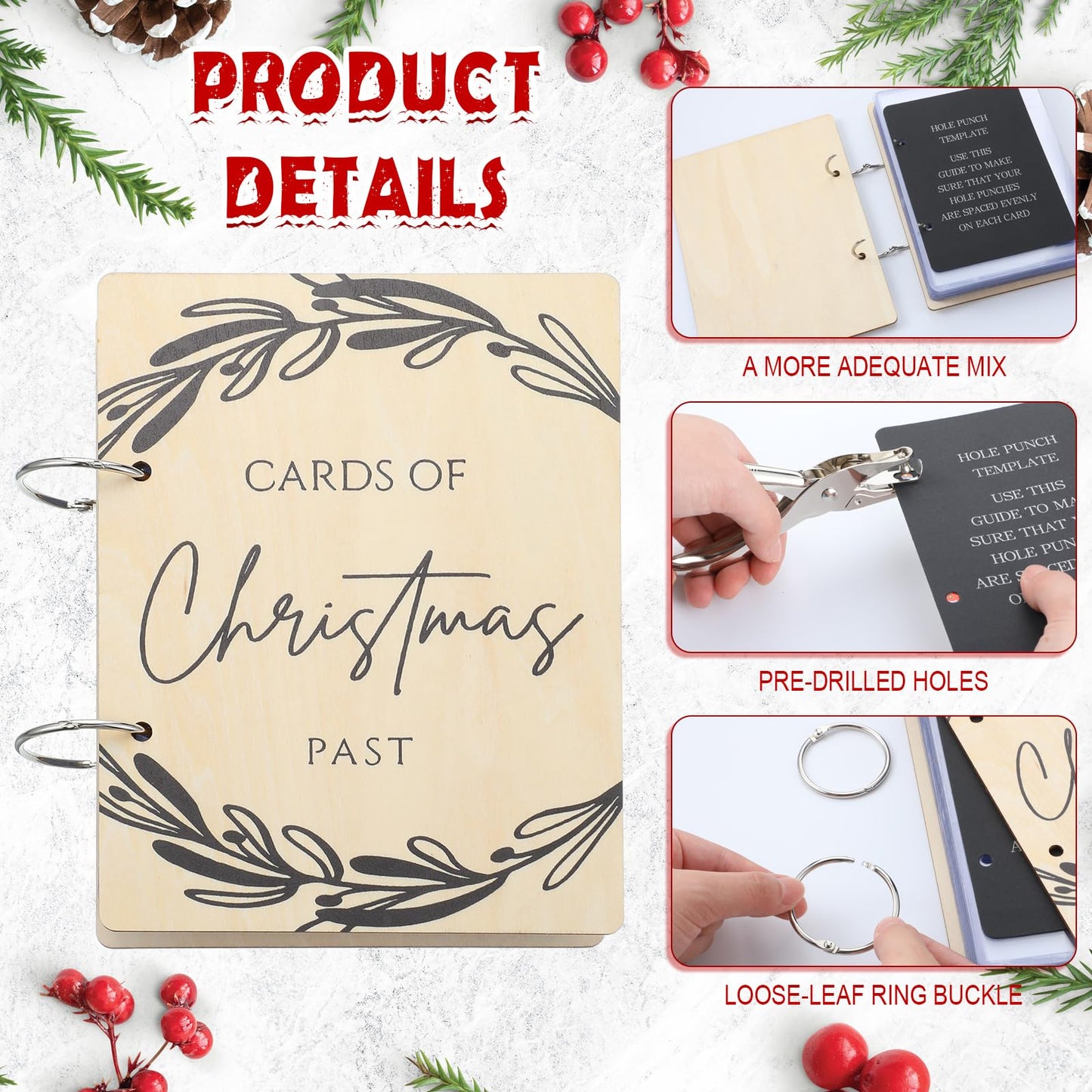 Hoolerry Christmas Wood Card Organizer Set Christmas Card Holder Include a 6 x 8 Cards Organizer a Hole Punch a Print Template 20 Protectors for Holiday Greeting Storage Gift (Classic)