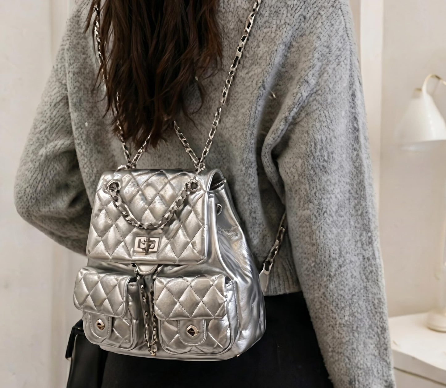 COC.EFRENAR Quilted Mini Backpack for Women, Chain Strap Small Purse with Flap Closure, Fashion Shoulder Bag Cute Travel Daypack(Silver)