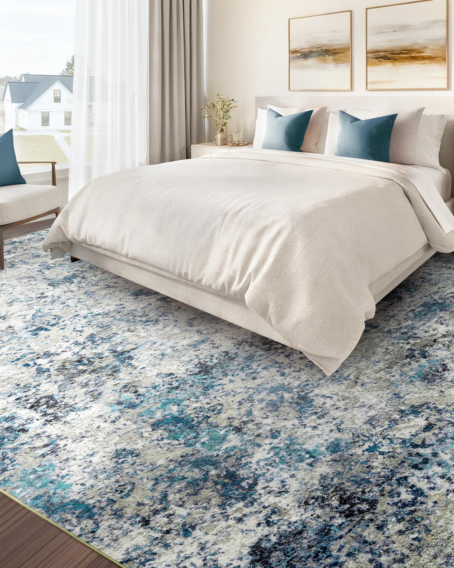 AUKOW Washable Area Rug for Living Room: 6x9 Modern Abstract Neutral Soft Rug for Bedroom Dining Room No Slip Low Pile Carpet for Nursery Home Office - Grey/Blue