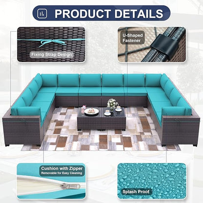 Kurapika 14 Pieces Patio Furniture Set, Rattan Wicker Outdoor Conversation Sets w/4 Inch Cushion and Glass Coffee Table(Blue)
