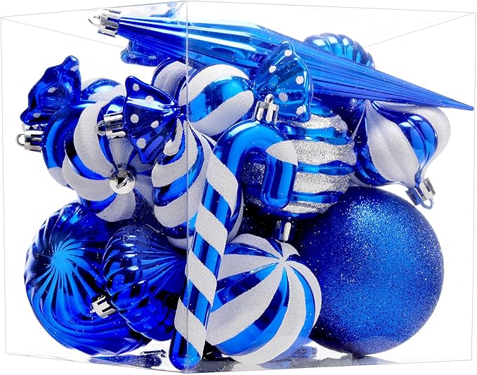 Christmas Ball Ornaments Set Shatterproof Christmas Tree Ornaments 24 PCS Painted Shaped Styles Xmas Tree for Holiday Decor,Royal Blue