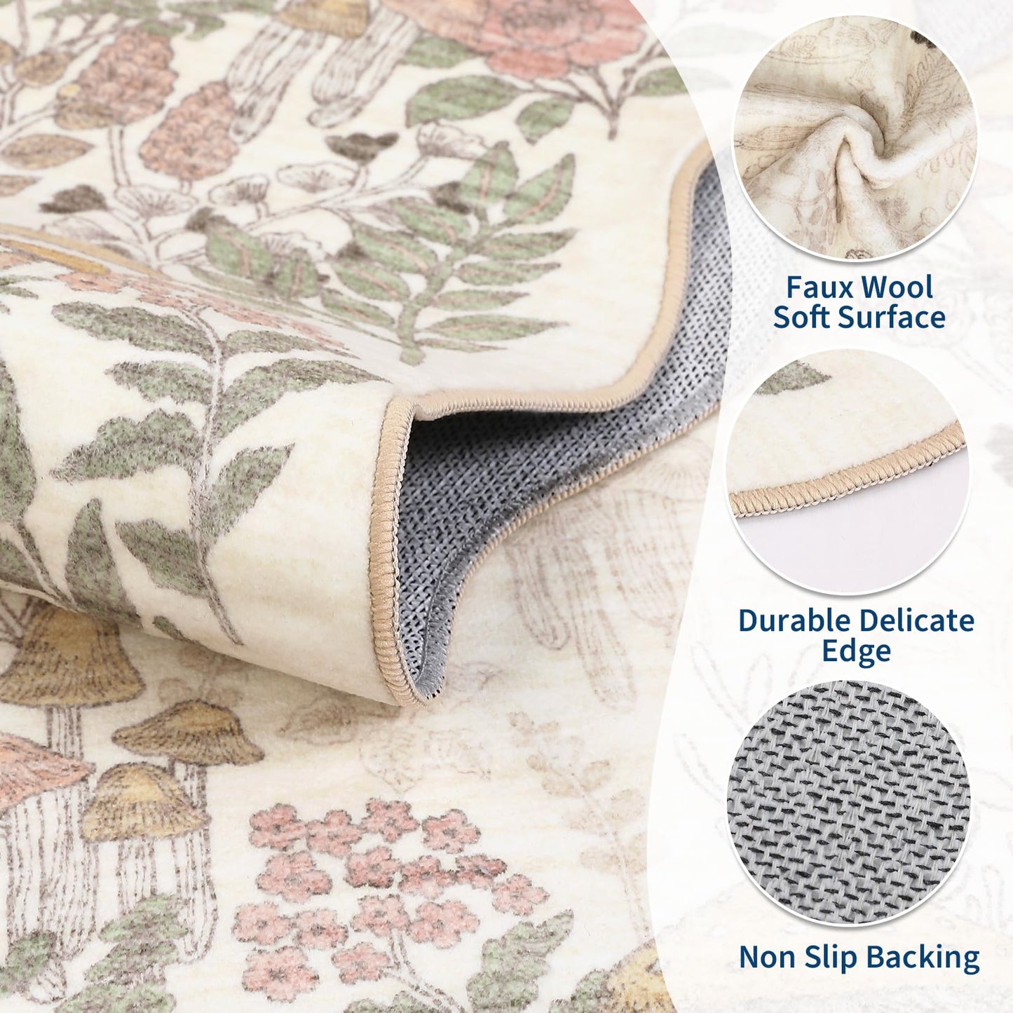 Garvee Scalloped Washable Rug 5x7 Area Rugs for Living Room, Botanical Mushroom Rug for Bedroom, Low Pile Non Slip Throw Rugs Indoor Modern Carpet for Nursery Playroom Dining Room, Beige