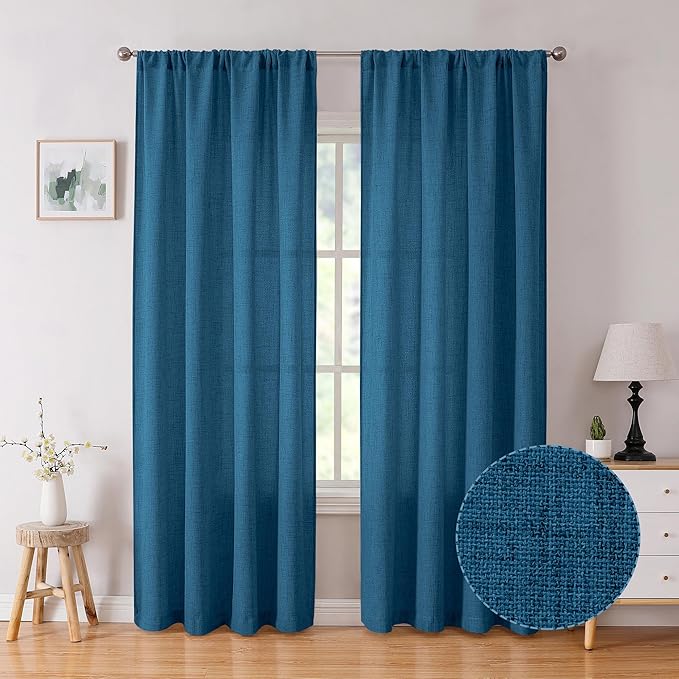 Tollpiz Linen Curtain Bedroom Rod Pocket Semi Sheer Curtains Burlap Light Filtering Thick Linen Drape for Living Room, 38 x 84 inches Long, Classic Blue, Set of 2 Panels