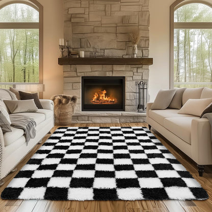 Ecoshag Soft Rugs for Living Room, 5x7 Ft Black and White Checkered Fluffy Shaggy Rugs for Indoor Use, High Pile Ultra Fuzzy Rug for Bedroom Kids Nursery Rooms,Home Decor Aesthetic
