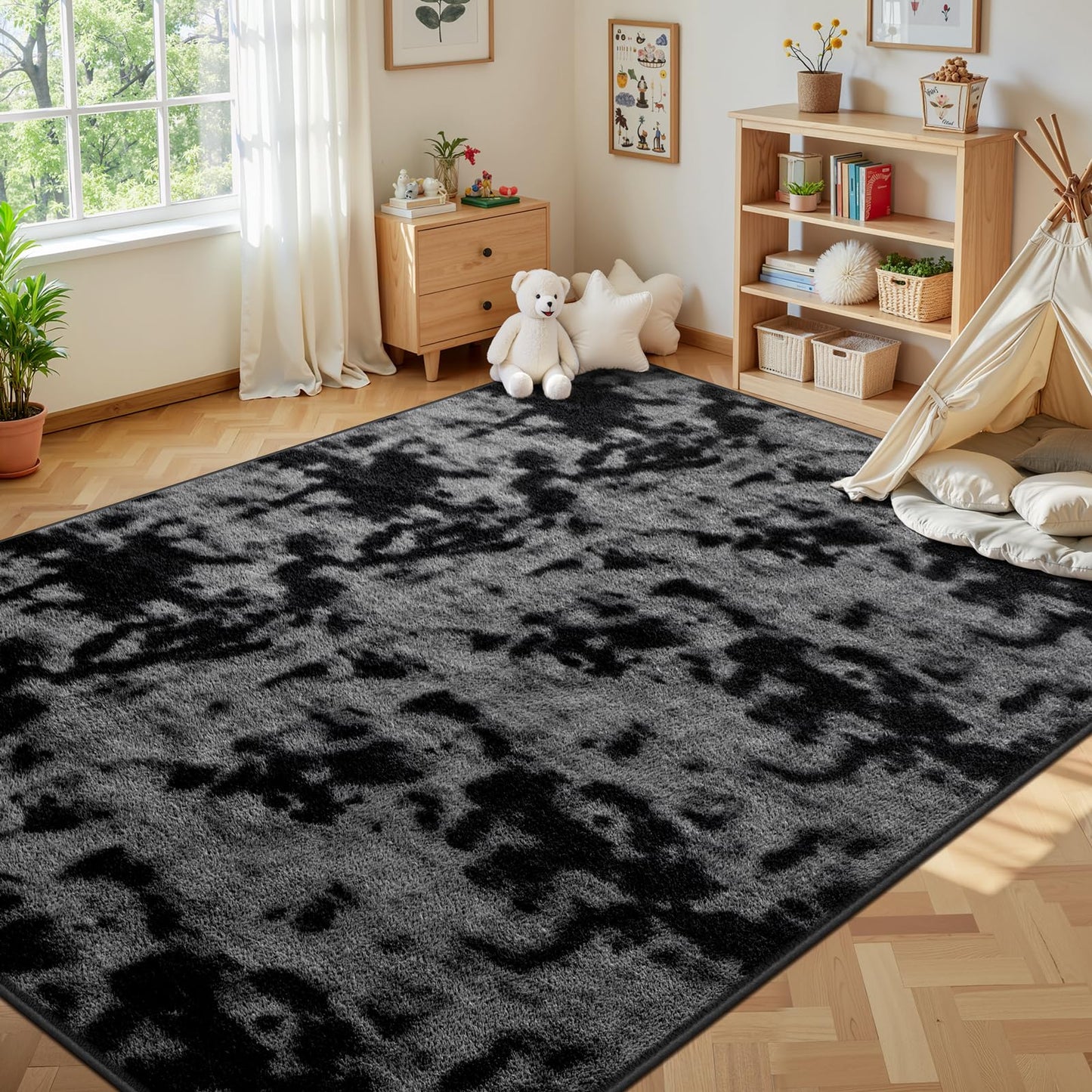 Large Soft Rugs for Living Room, 6 x 9 Ft Tie-Dyed Thickened Memory Foam Area Rug for Bedroom, Non-Slip Comfy Indoor Carpet for Boys Girls Room Nursery Home Decor, Dark Grey