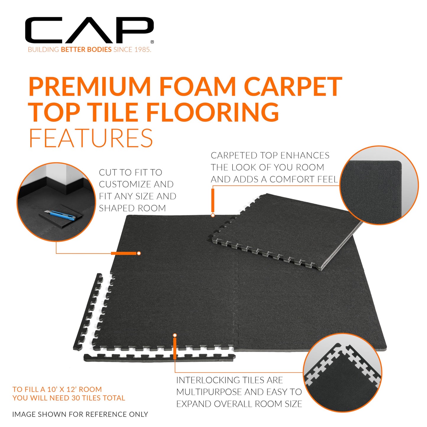 CAP Barbell 1/2-Inch Interlocking EVA Foam Exercise Puzzle Mat Home Flooring - 1 Pack | 24" x 24" x 1/2" | Carpet Top - Black