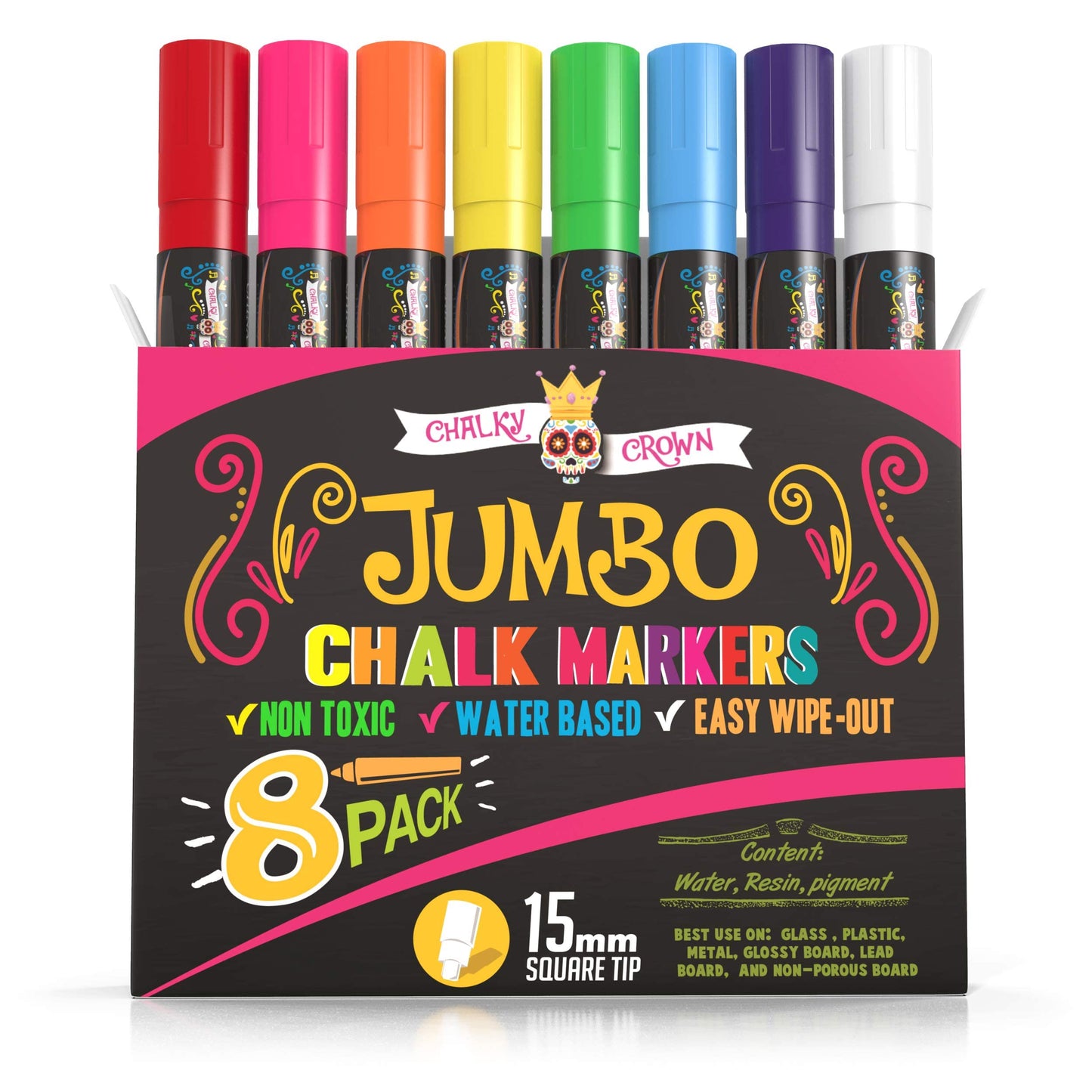 Jumbo Liquid Chalk Markers - Bold Chalk Markers for Chalkboards, Window Marker, Chalks Pens for Signs, Blackboard, Glass - Square Reversible Tip (15mm, 8 Pack)