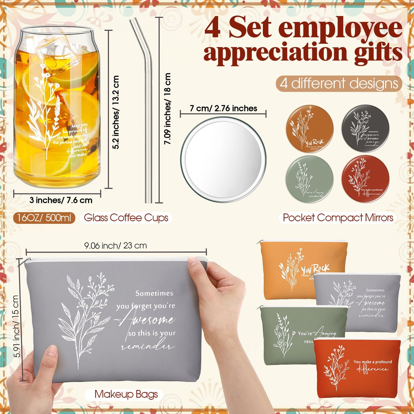 Skylety 12 Pcs Appreciation Gifts for Women Administrative Professional Nurse Week Thank You Gifts Bulk for Volunteer Teacher Coworkers Staff Employee Team16 oz Tumbler Makeup Bag Mirror(Vivid)