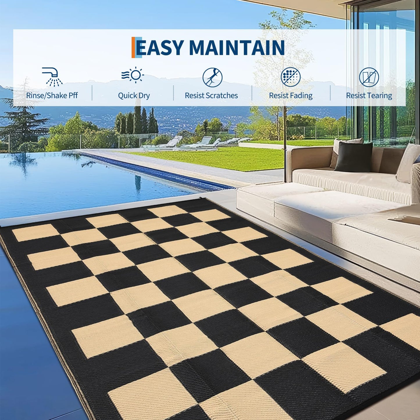 8 * 10ft Checkerboard Outdoor Rug, Reversible Woven Plastic Straw Patio Mat, Portable Floor Mat, Checkered Camping Carpet with Corner Loops for RV, Deck, Picnic, Balcony, Black & Brown