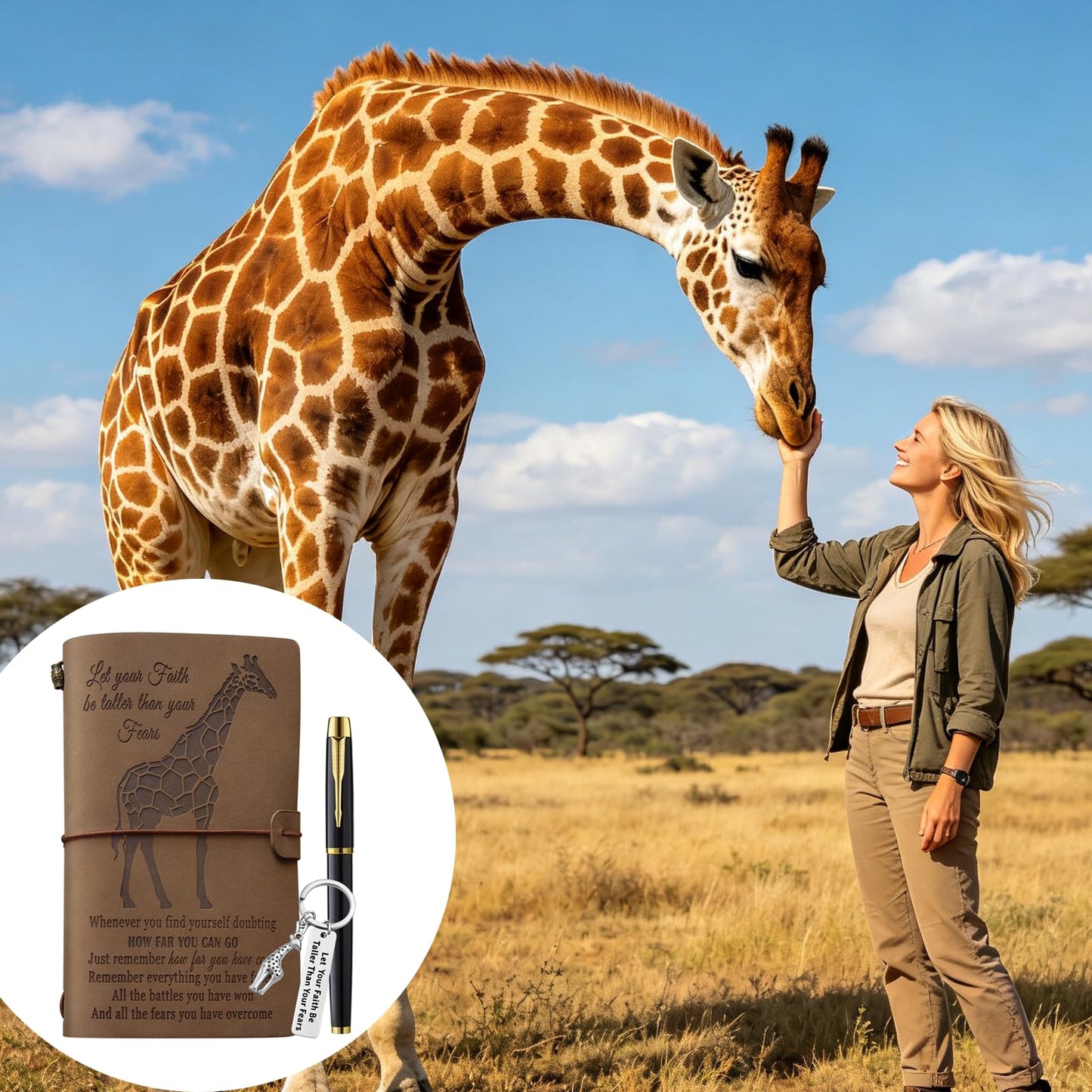 Xeboba Giraffe Gifts Leather Journal Notebook with Pen and Keychain Inspirational Giraffe Lover Gifts for Women Girl Refillable Sketchbook, Travel Diary, Lined Planner, 7x5 Inches