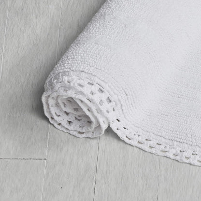 Laura Ashley Camilla 100% Cotton Oval Bath Mat with Crochet Border, Soft & Absorbent, Bright White 21" x 34" Bathroom Rug
