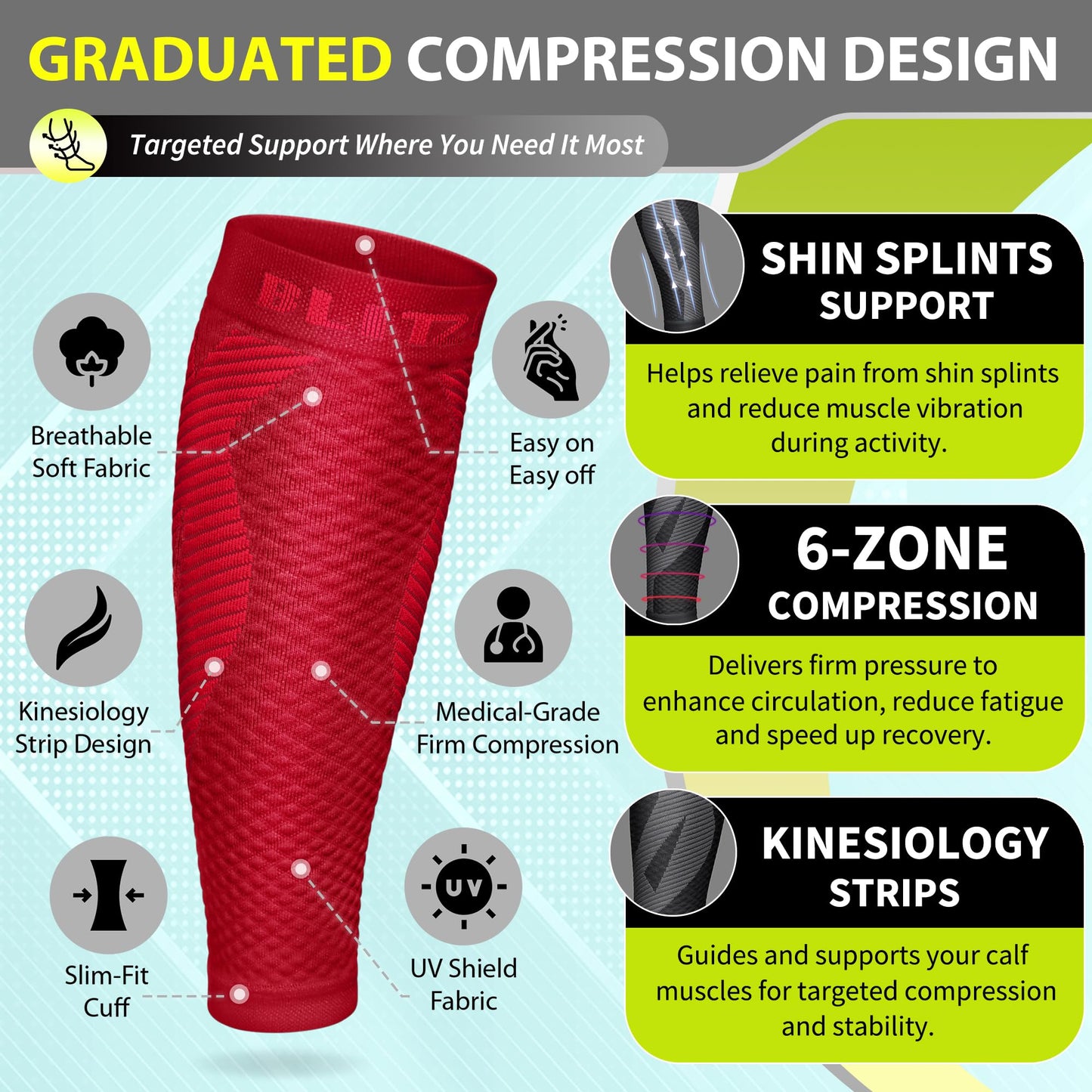 BLITZU Calf Compression Sleeves for Men and Women. Footless Compression Socks Support for Varicose Vein, Nursing, Running. Leg Sleeve Brace for Shin Splints, Pain Relief & Reduces Swelling Red S-M