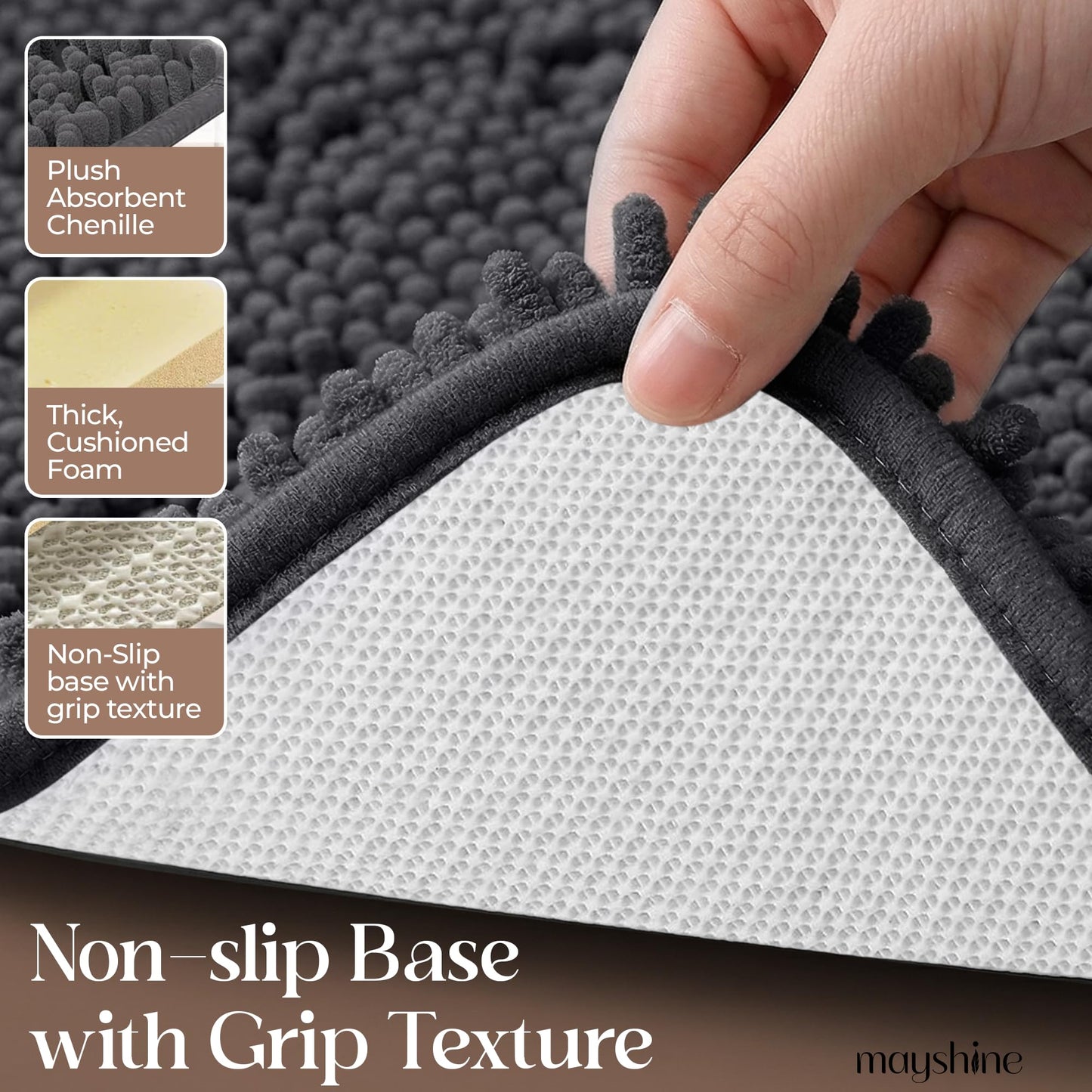 MAYSHINE Small Plush Shaggy Chenille Bath Mat 23"x14" Extra Soft, Super Absorbent, Non-Slip Bathroom Rug | Fluffy Microfiber, Area Rug Sets for Bathroom Floor, Kitchen, Living Room |Charcoal Gray