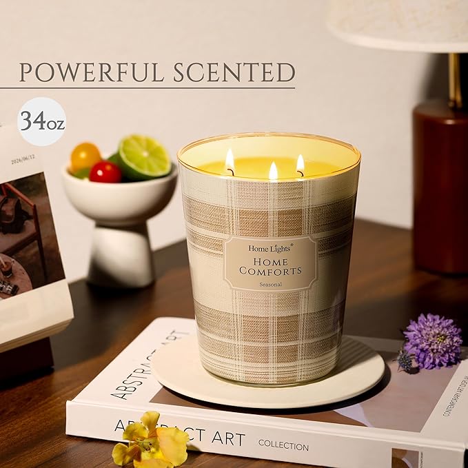 HomeLights Home Comforts Scented Candles | 34oz Soy Candles Rustic Modern 3-Wick Large Candle Jars | Ideal Candle Gifts for Events, Home Decor Stress, Relief & Relaxation