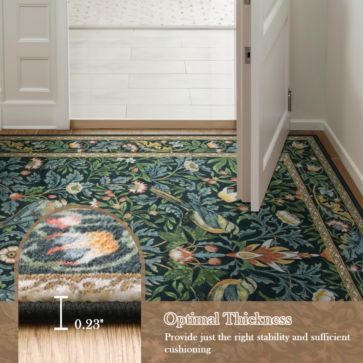 Morebes Floral Carpet Runners for Hallway 8ft Non Slip, Boho Flower Washable Runner Rug 2x8, Botanical Birds Indoor Floor Carpet Runner for Kitchen Laundry Bath Room, Navy Blue