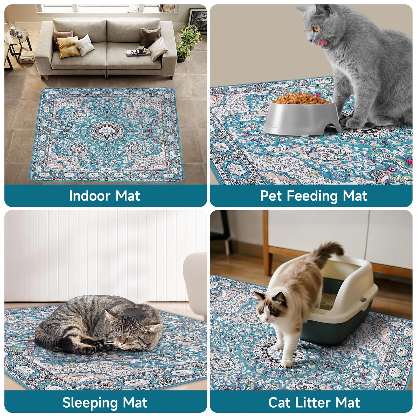YOSEPATI Cat Litter Mat, Reusable Kitty Litter Trapping Mat 2 PCs, 24"x18" Washable Litter Mats for Cats, Waterproof & Non-Slip Compatible with Cat Box (Lake Blue Medallion, 24"x18"(2 PCS))