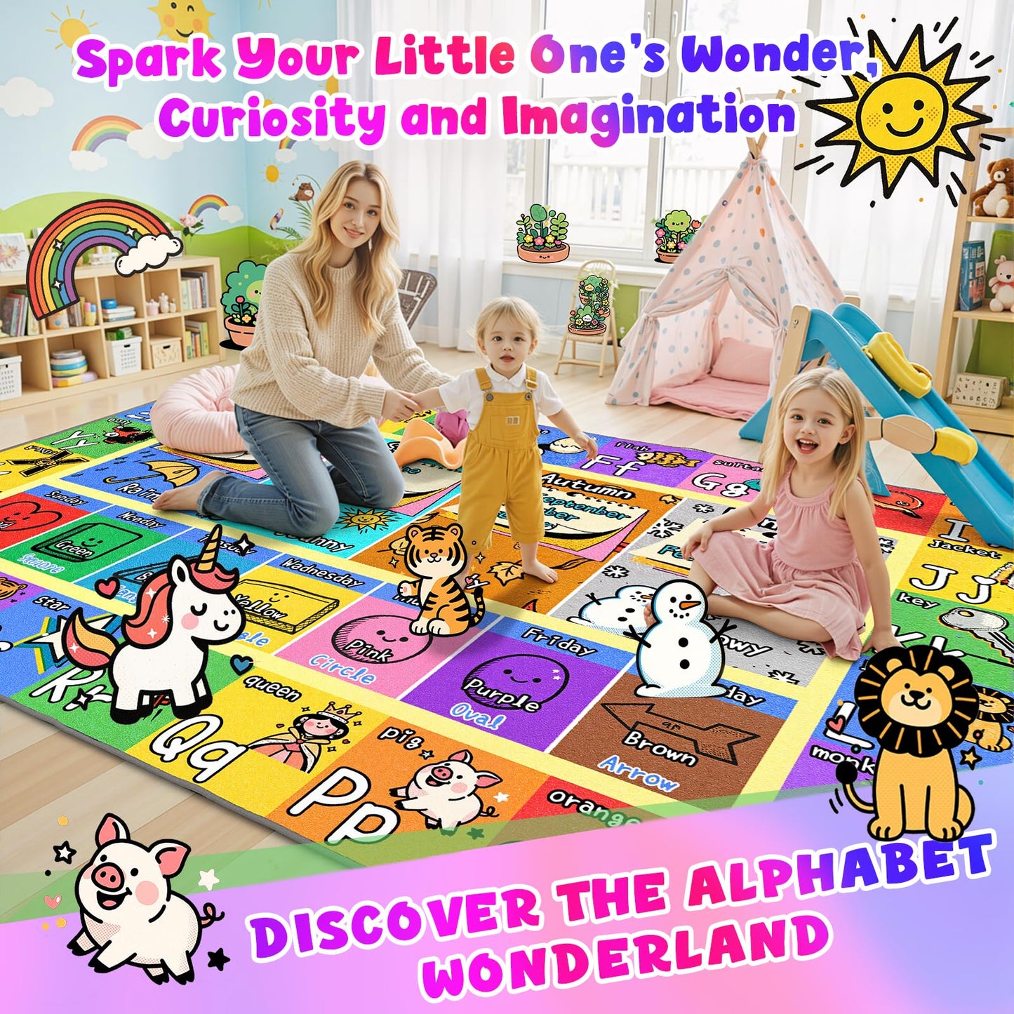 ABC Kids Playroom Rug 3x5 - Soft & Non-Slip Educational Play Mat, Preschool Classroom, Daycare Rug with ABCs, Colors, Shapes, Seasons, Washable Playmat for Toddler Nursery & Kids Room (36x60 Inch)