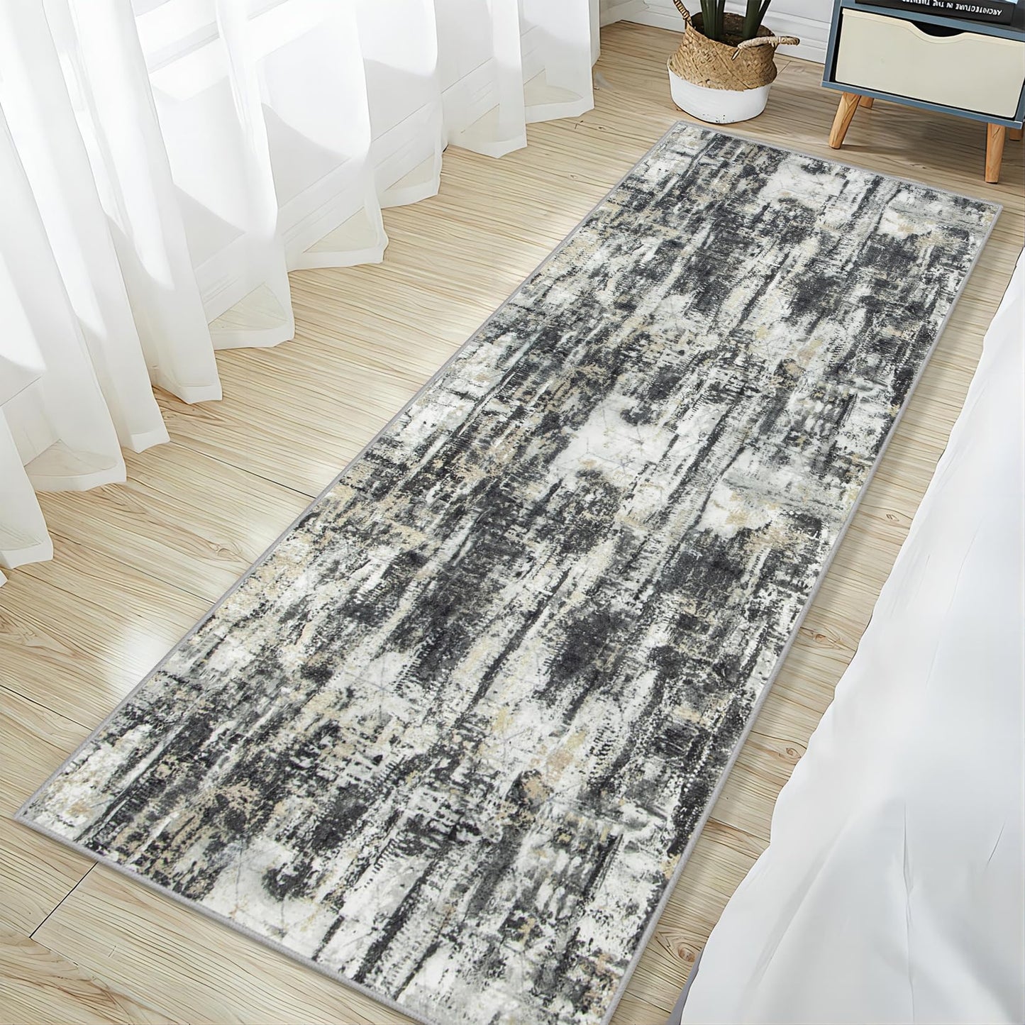 2'6''x8' Runner Rugs Washable Rug: Modern Abstract Hallway Runner Rug Indoor Soft Low Pile Thin Carpet Anti-Skid Non-Shedding Carpets for Kitchen, Entryway, Laundry, Bedroom - Black Grey Gold