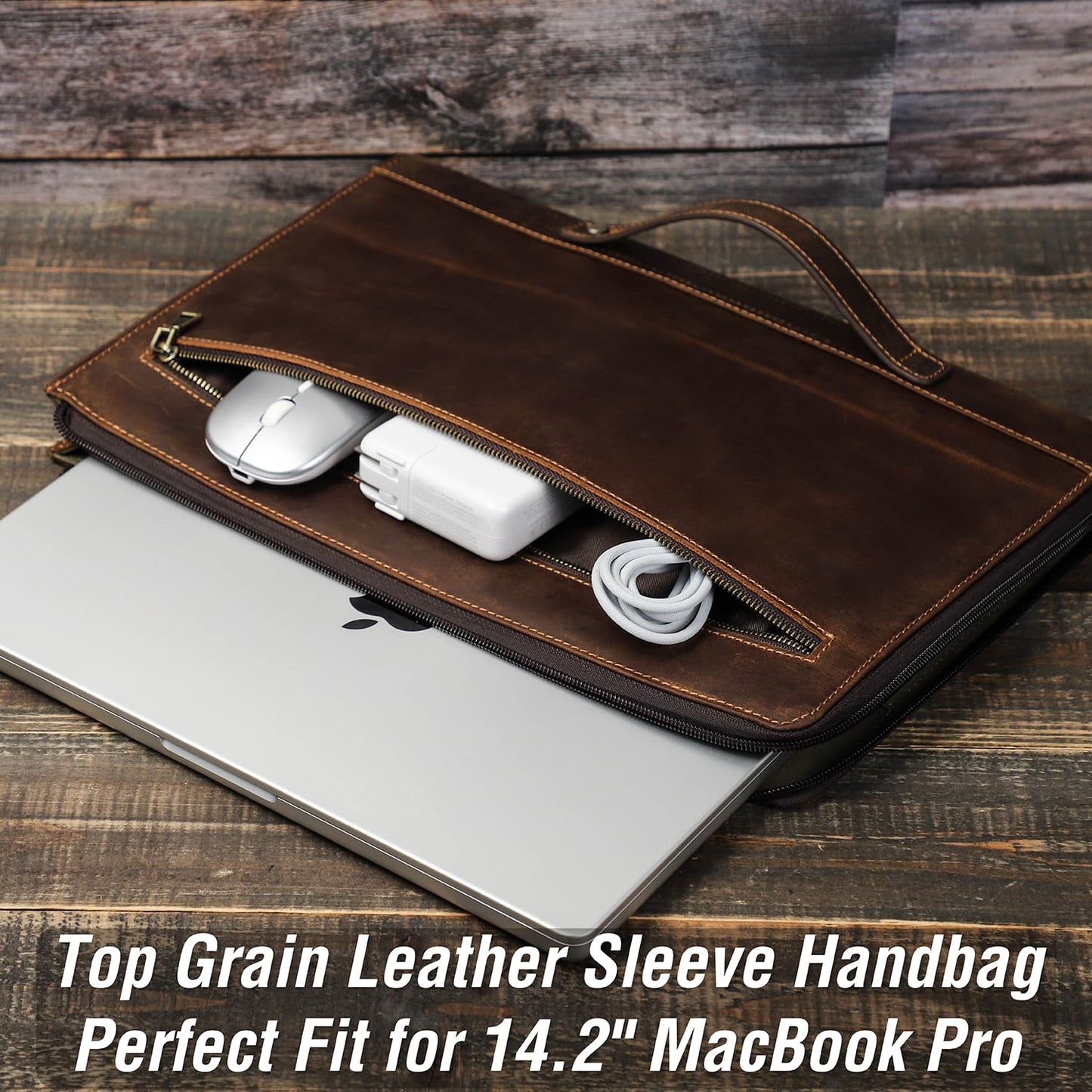 CataPurus Top Grain Leather 14.2" Slim Laptop 90° Zipper Bag, Vintage Design, Handmade, Compatible with MacBook Pro/Air 14"/13.3"/13.6" 2021 2022 M1 Pro/M1 Max A2442 & Other Laptop, Coffee 14.2 Inch