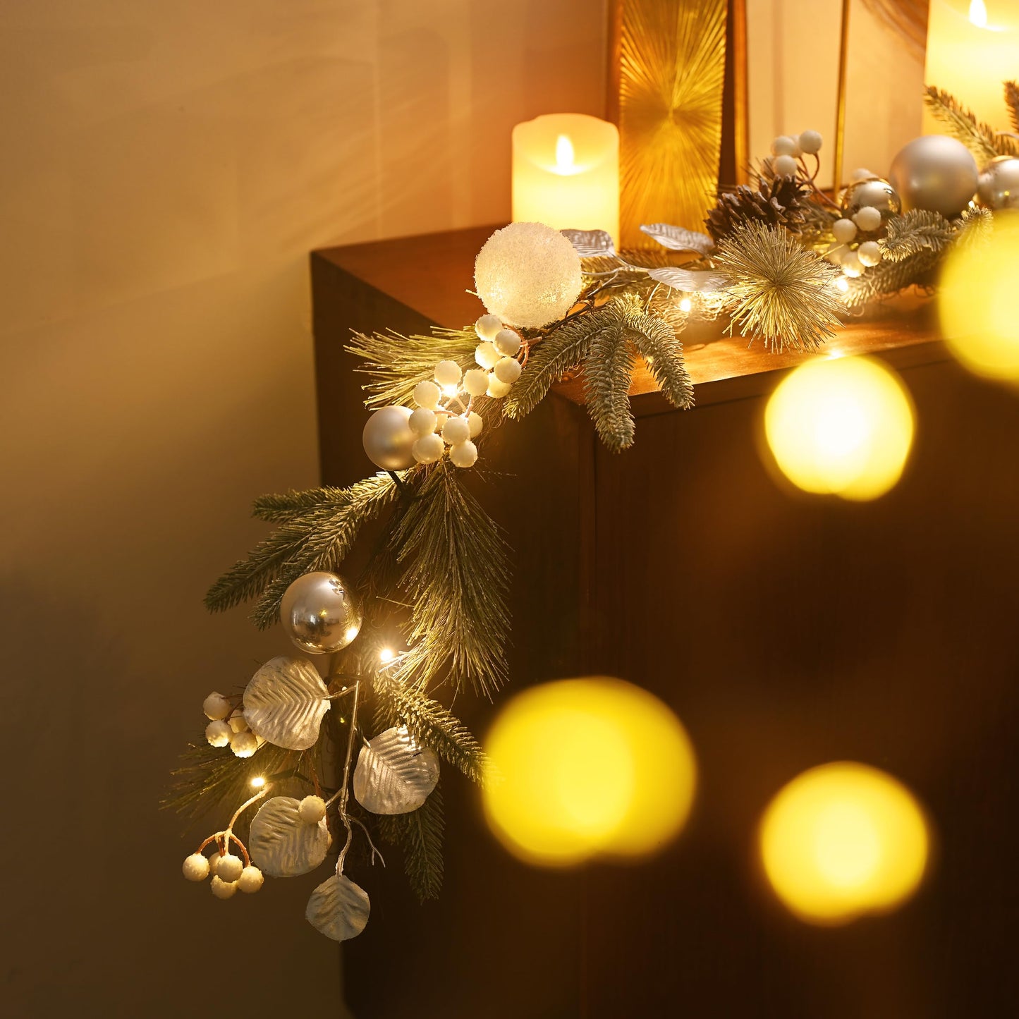 Valery Madelyn 6 Ft Pre-Lit Christmas Garland with Lights for Mantle, Lighted Outdoor Xmas Garland with Silvery White Ball Norfolk Pine for Home Stairs Fireplace Table Centerpiece Indoor Holiday Decor