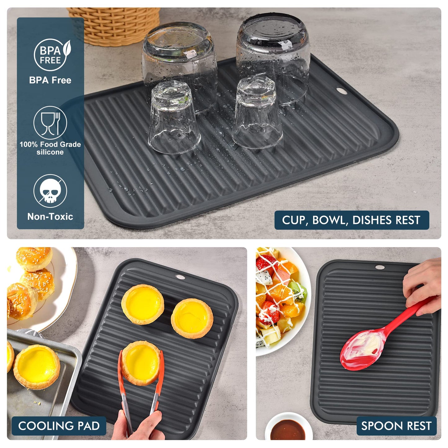 HOTEC 446℉ Heat Resistant BPA Free Silicone Trivets for Hot pots and Pans, for Kitchen Counter Dish Drying Mat, Set of 2 Dark Grey