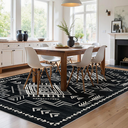 Joydeco Moroccan Black 8x10 Area Rugs for Living Room, Non-Slip Western Large Bedroom Dining Room Rug, Throw Stain Resistant Geometric Aztec Print Modern Soft Carpet for Playroom Office