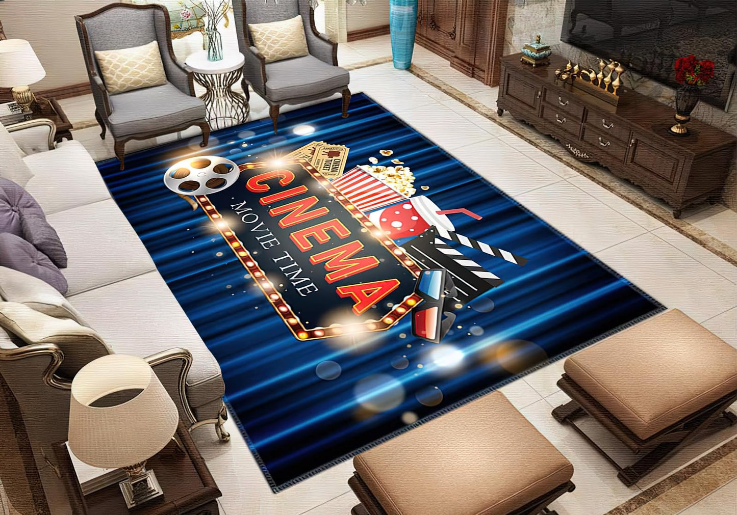 Blue Home Theater Cinema Area Rug, Movie Starts Non Slip Easy Care Throw Large Area Rugs, Breathable Durable Carpet for Indoor Bedroom Living Room Office Decor Rug - 5 ft x 7 ft