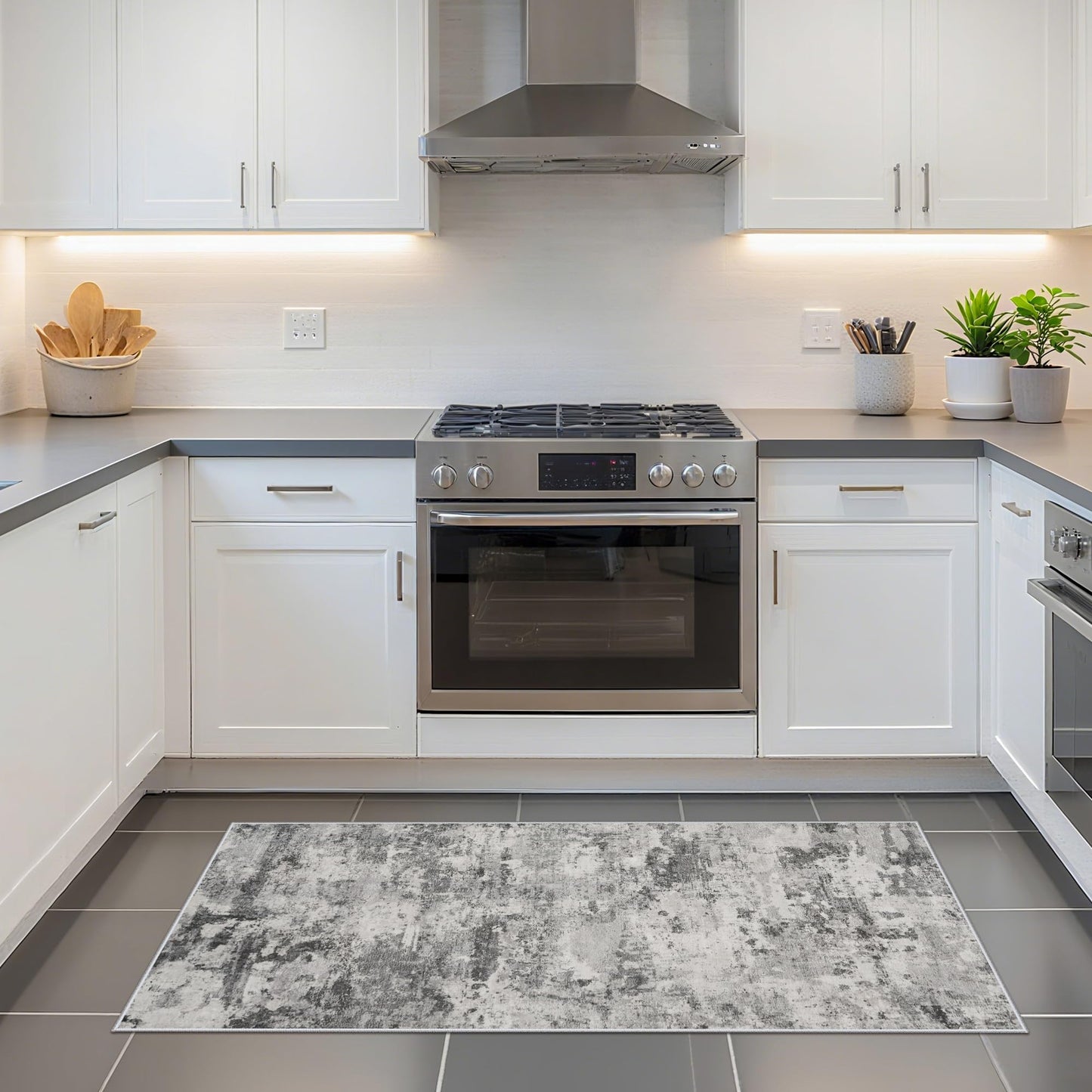 HILORUUG 2x4 Rug Washable Entryway: Non Slip Abstract Runner for Kitchen Bathroom - Modern Minimalist Low Pile Stain Resistant Thin Indoor Floor Mat - 2x4 Black Grey