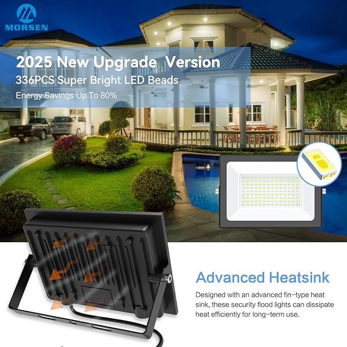 MORSEN 100W Flood Lights Outdoor, 18000lm Bright LED Work Light with Plug, 6500K Daylight White LED Flood Lighting, IP66 Waterproof Security Yard Lights for Yard Garage Stadium 2 Pack