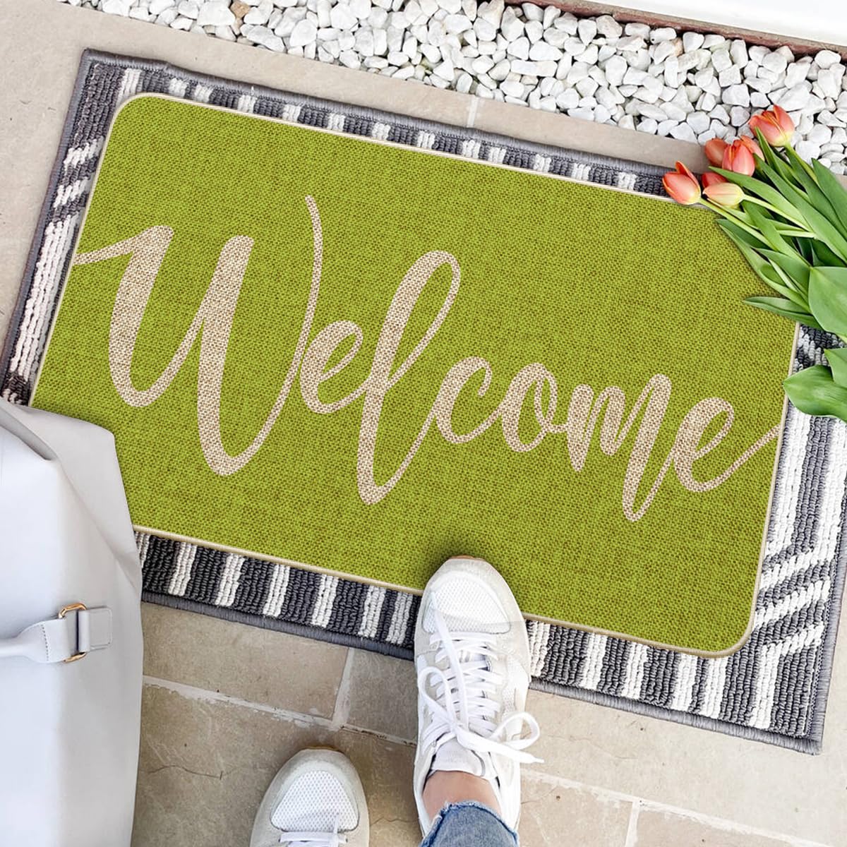Artoid Mode Green Welcome Spring Doormat, Home Summer Decor Switch Rug Door Mat Floor Mat 17x29 Inch