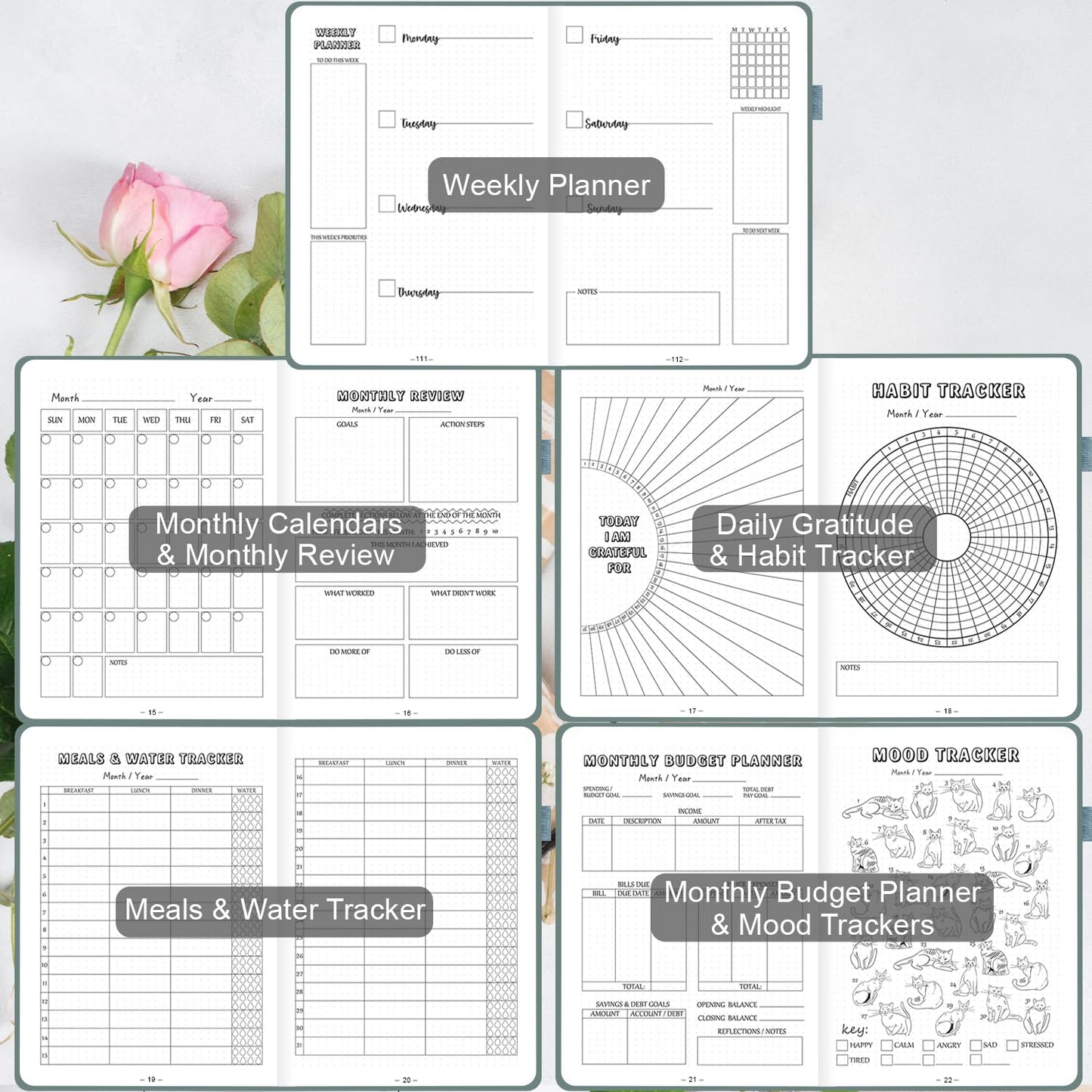 Premade Bullet Style Notebook with Undated Weekly & Monthly Planner, Dotted Journal with Pre-made Bullet Planner Stencils, Dot Grid Journaling with Habits & Mood Tracker, 12 Month Organization, A5