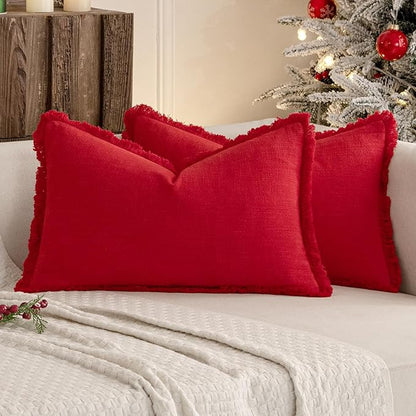 MIULEE Christmas Decorative Lumbar Throw Pillow Covers Neutral Linen Fringe Throw Pillows Set of 2 Red Boho Farmhouse Cushion Covers with Tassels for Couch Sofa Bed Living Room Home Decor 12x20 Inch