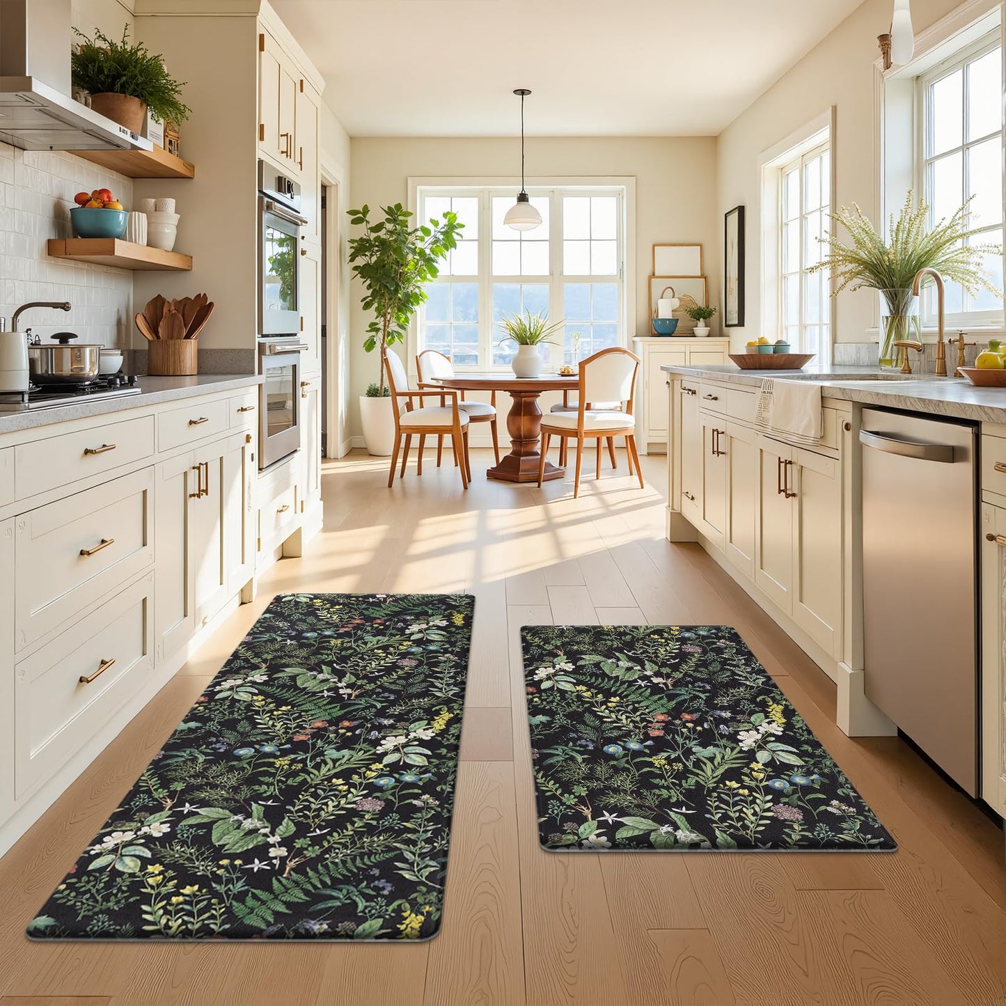 SHACOS Botanical Kitchen Rugs Set of 2, 17x27.5+17x47 inch