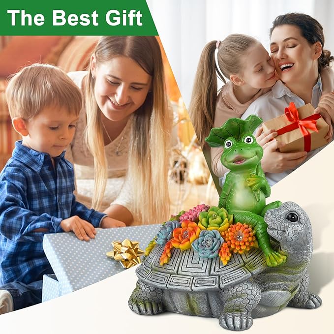 ILLUMINEW Solar Garden Outdoor Statues Turtle& Frog with Succulent and 8 LED Lights, Turtle Carrying Lotus Leaf Frog Figurines, Lawn Decorations for Patio Yard Gifts for Mom Grandma Housewarming