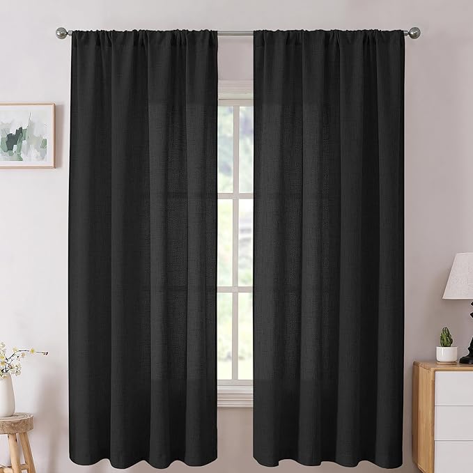 Tollpiz Short Linen Curtain Bedroom Rod Pocket Semi Sheer Curtains Burlap Light Filtering Thick Linen Drape for Living Room, 38 x 54 inches Long, Black, Set of 2 Panels