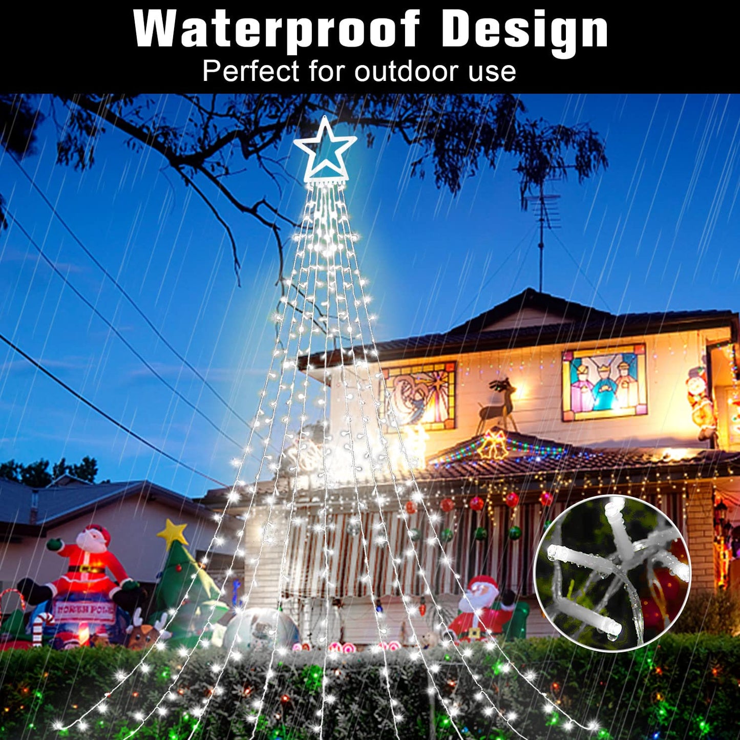 MINIAO Christmas Decorations Star String Lights, 320 LED Waterfall Tree Lights with 13" Topper Star 8 Lighting Modes Indoor Outdoor Decorative for New Year, Holiday, Wedding, Party