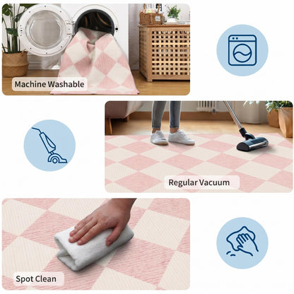 GarveeHome 6x9 Modern Checkered Area Rug, Pink Geometric Farmhouse Washable Rugs for Living Room Bedroom, Soft Low Pile Non Slip Diamond Floor Mat Plaid Print Throw Rug Indoor Carpet