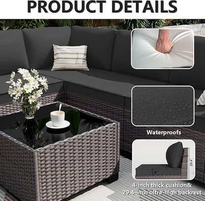 ALAULM 6 Pieces Patio Furniture Set, Oversized Seat/Armrest and High Back Wicker Sectional Furniture Set with Thick Cushion for Backyard, Garden, Black