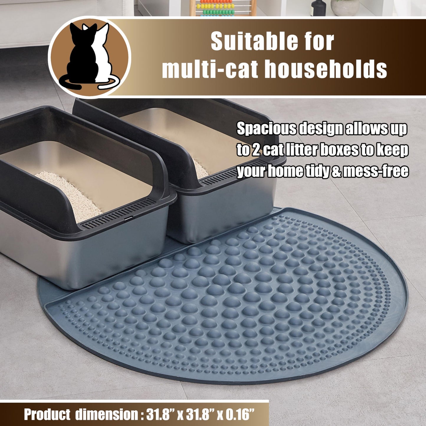 PetPals Silicone Cat Litter Trapping Mat,32" Round Waterproof & Non-Slip Litter Catcher, Self-Cleaning Litter Box Mat, Large Litter mat for Automatic Litter Box, Grey