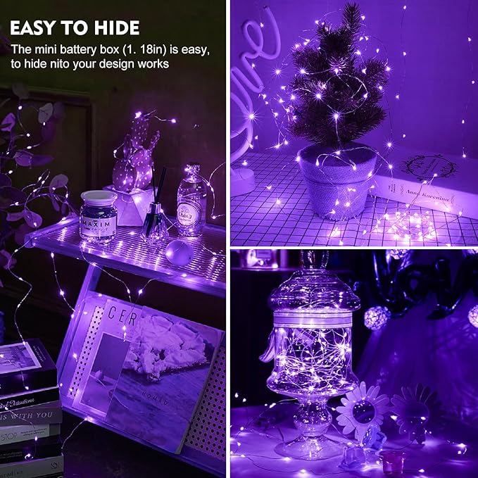 pozzolanas 50 Pack Purple Fairy Lights Battery Operated 3 Modes 7FT 20 LED Waterproof String Lights Twinkle Silver Wire for Mason Jars Wedding Christmas Halloween Part Decor (50, Purple)