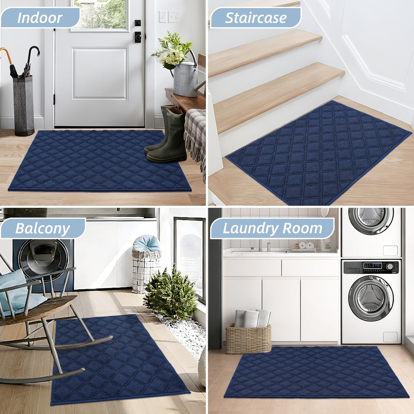 BEQHAUSE Dirt Trapper Door Mat 36" x 60", Non-Slip Washable Doormats Welcome Mat, Trap Dirt and Absorbent Entrance Mat, Low Profile Floor Mats for Front Back Door, Entryway, Blue